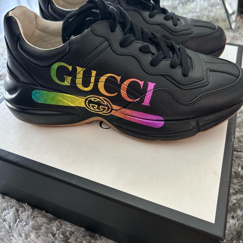 Gucci Black Leather Sneakers with Colorful Logo
